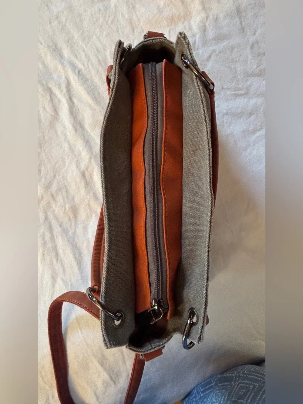 Gray Canvas Convertible Tote Crossbody Bag Multi Pocket Brown Strap